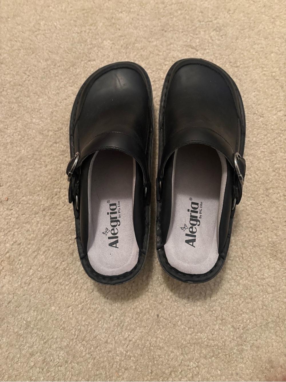 Alegria Women’s Black Leather Slip-On Clogs with Buckle
